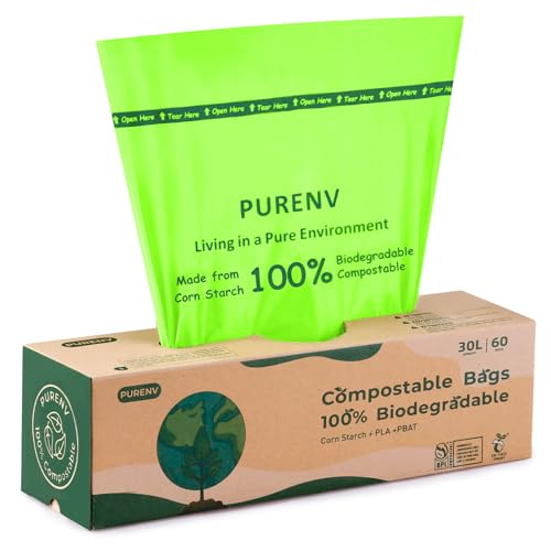 PURENV 60 Biomüllbeutel für Kompostbehälter, 30L Biologisch Abbaubare Müllsäcke, Robuste Auslaufsichere, aus Maisstärke Hergestellte Müllbeutel (6L/10L/20L/30L) mit EN13432 Zertifizierung von PURENV