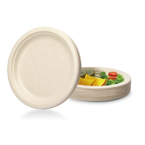 Einwegteller 50 Stück Pappteller Recycling Zuckerrohr Bagasse Einwegbesteck 100% Natürlich Kompostierbare Pflanzenfaser Umweltfreundliche Partyteller Einmalgeschirr-natürlich,22.8cm von PUYI