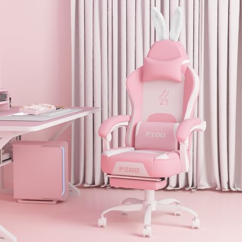 PZDO Rosa Gaming Stuhl mit Abnehmbare Dekoration, Gepolstert Gaming Chair Schreibtischstuhl Bürostuhl PC Computerstuhl mit Fußstütze, Teenager, Mädchen, Erwachsene, Geschenk(Rosa-weiß) von PZDO