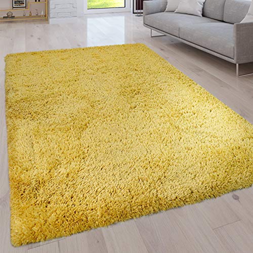 Paco Home Hochflor Teppich Wohnzimmer Schlafzimmer Waschbar rutschfest Weich Shaggy Modern Einfarbig, Grösse:120x160 cm, Farbe:Gelb von Paco Home