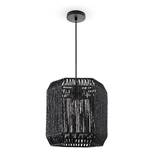 Paco Home Pendelleuchte Esstisch Papier Boho Hängelampe Esszimmer Lampe E27 Hängeleuchte Rattan, Farbe:Schwarz (Ø24cm), Leuchtenart___Farbe:Pendelleuchte - Schwarz von Paco Home