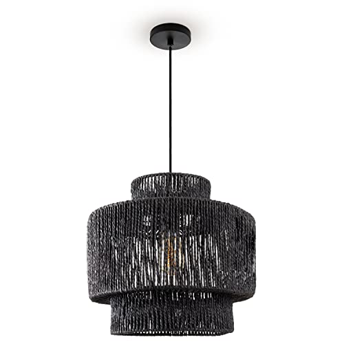 Paco Home Pendelleuchte Esstisch Papier Boho Hängelampe Esszimmer Lampe E27 Hängeleuchte Rattan, Farbe:Schwarz (Ø40cm), Leuchtenart___Farbe:Pendelleuchte - Schwarz von Paco Home