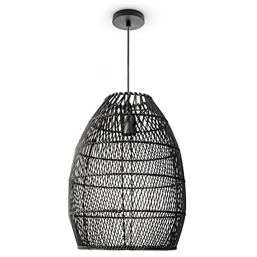 Paco Home Pendelleuchte Wohnzimmer Boho Korbleuchten Pendellampe Rattan Hängeleuchte Esszimmer Lampe Papier E27, Lampenart:Pendelleuchte - Typ 2, Farbe:Schwarz (Ø30cm) von Paco Home