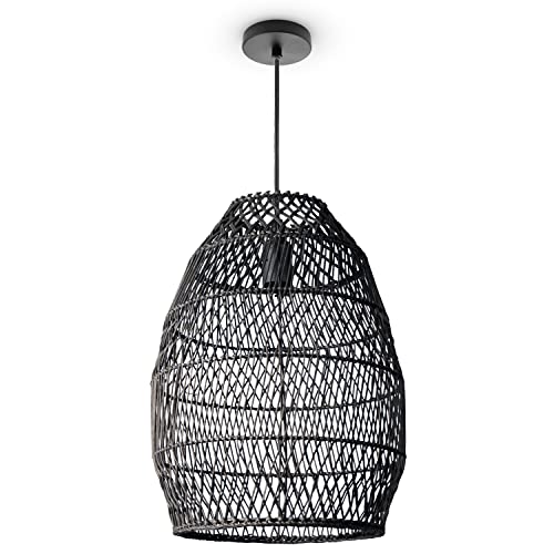 Paco Home Pendelleuchte Wohnzimmer Boho Korbleuchten Pendellampe Rattan Hängeleuchte Esszimmer Lampe Papier E27, Lampenart:Pendelleuchte - Typ 3, Farbe:Schwarz (Ø30cm) von Paco Home