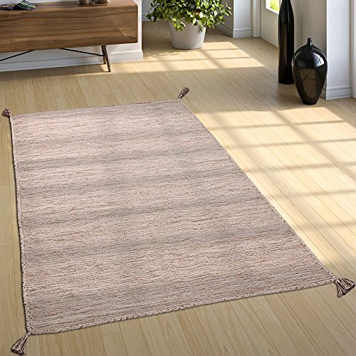 Paco Home Wohnzimmer Natur Teppich m. Fransen, Moderner Handgewebter Kelim, 100% Baumwolle, Grösse:160x220 cm, Farbe:Beige von Paco Home