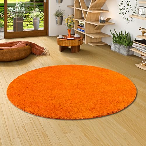 Palace Hochflor Shaggy Teppich Orange Rund in 7 Größen von Palace