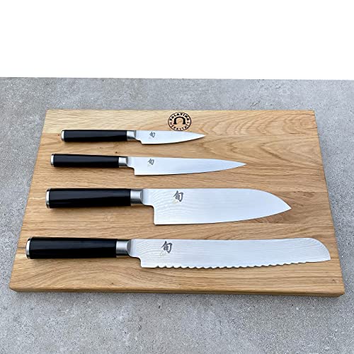 KAI SHUN Classic Messerset DM-0700 Officemesser DM-0701 Allzweckmesser + DM-0702 Santoku + DM-0705 Brotmesser + 40x25 cm Eichenbrett + von Palatina Werkstatt