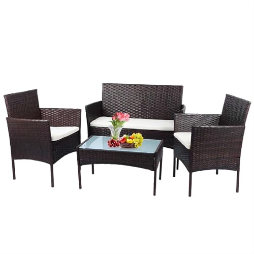 Panana Polyrattan Gartenmöbel-Set Balkonmöbel Lounge-Set Sitzgruppe Tisch mit Glasplatte Stühle Patio Wintergarten Outdoor (Braunes Rattan mit beigen Kissen) von Panana