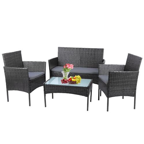 Panana Polyrattan Gartenmöbel-Set Balkonmöbel Lounge-Set Sitzgruppe Tisch mit Glasplatte Stühle Patio Wintergarten Outdoor Graues Rattan mit grauen Kissen von Panana