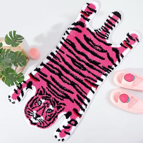 Panstar Badematte für Badezimmer, niedlicher rosa Tiger, Cartoon-Badematten, rutschfest, in Tierform, saugfähig, Badematte, Plüsch, Duschteppich, Rosa von Panstar