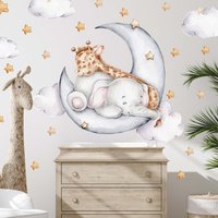 Baby Elefant Und Giraffe Wandtattoo Kinderzimmer Sticker Babyzimmer Tiere Auf Mond Aquarell V325 von PapergramArt