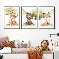 Kinderzimmer Poster Set Premium P795/Waldtiere Mit Bär Fuchs Reh Babyzimmer Wandbild Wandbilder von PapergramArt