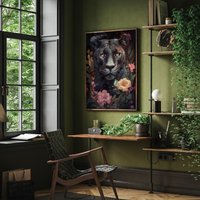 Schwarzer Panther Portrait Mit Blumen Poster Premium P786/Animal Art Wandbild Wandbilder von PapergramArt
