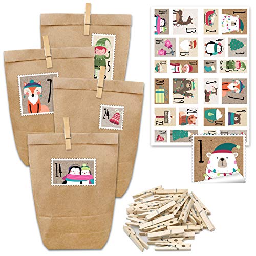 Papierdrachen Adventskalender zum Befüllen - 24 Geschenktüten und 24 Zahlenaufkleber und Klammern - Motiv Briefmarke Bärchen - zum Befüllen und basteln - Weihnachten - Mini Set Nr 49 von Papierdrachen