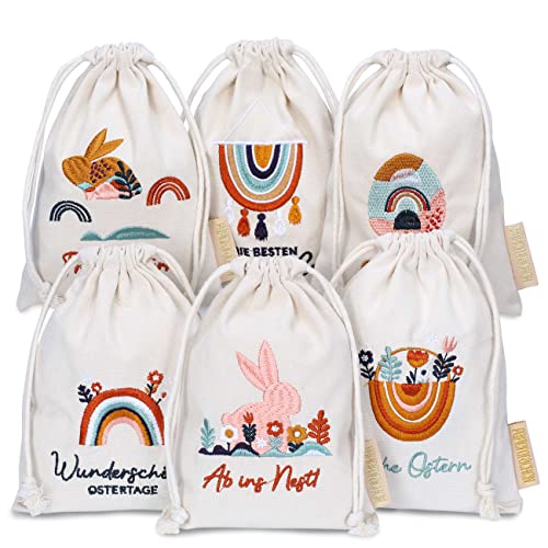 Papierdrachen 6 Leinensäckchen mit Bestickung - Osterverpackung Geschenkverpackung Tischdeko - Stoffsäckchen zu Ostern - Boho - 13x18 cm - Set 2 von Papierdrachen