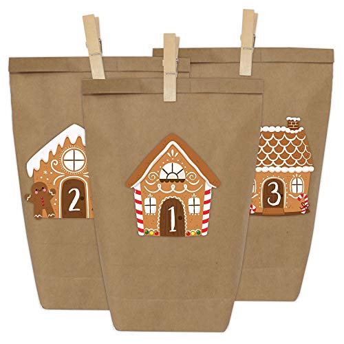 Papierdrachen DIY Adventskalender Kraftpapier Set - Knusperhäuser zum Aufkleben - mit 24 braunen Papiertüten zum selbst Befüllen und zum Selbermachen - Weihnachten von Papierdrachen