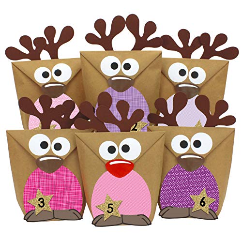 Papierdrachen DIY Adventskalender zum Befüllen - Rentiere mit rosa farbigen Bäuchen zum selber Basteln - 24 Tüten zum individuellen Gestalten und zum selber Füllen - Weihnachten für Kinder von Papierdrachen