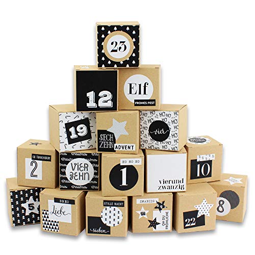 Papierdrachen DIY Adventskalender zum Befüllen - 24 Kisten zum Basteln - Motiv Schwarz-weiß - 24 naturbraune Schachteln aus 400g/m²-Karton zum Aufstellen und Dekorieren - 24 Boxen - Weihnachten von Papierdrachen