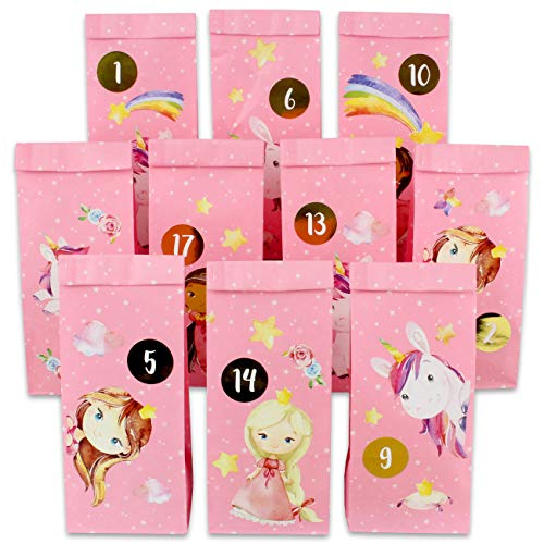 Papierdrachen DIY Adventskalender zum Befüllen - Prinzessin und Einhorn zum Aufkleben - mit 24 rosa bedruckten Papiertüten und tollen Stickern für Kinder - Weihnachten von Papierdrachen