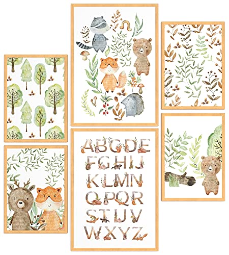 Papierschmiede® Bilder Kinderzimmer Kids Mood Poster Set Pfadfinder Tiere, Gerahmte Bilder fürs Kinderzimmer in Natur-Holzrahmen, 2x DIN A3 und 4x DIN A4, Wald Alphabet Fuchs von Papierschmiede