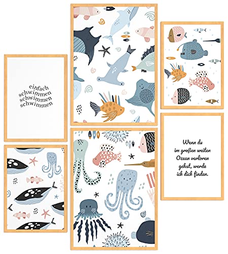 Papierschmiede® Bilder Kinderzimmer Kids Mood Poster Set Einfach Schwimmen, Gerahmte Bilder fürs Kinderzimmer in Natur-Holzrahmen, 2x DIN A4 und 4x DIN A5, Fische Kraken Wale Haie von Papierschmiede