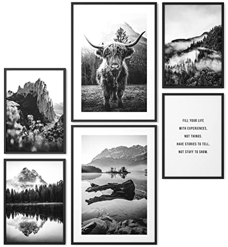 Papierschmiede® XL Mood Poster Set Highland Schwarz-Weiß, Bilder Wohnzimmer Deko Schlafzimmer, 2x DIN A2 (ca. 59x42) und 4x DIN A3 (ca. 30x42), Büffel Natur Wald Berge - Wandposter ohne Rahmen von Papierschmiede