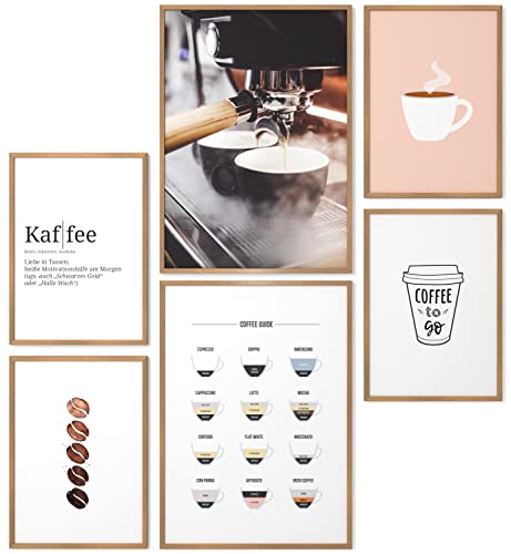 Papierschmiede® Mood Poster Set Kaffee, Gerahmte Bilder in Natur-Holzrahmen, Küche & Wohnzimmer, 2x DIN A4 und 4x DIN A5, Küche Espresso Cappuccino von Papierschmiede