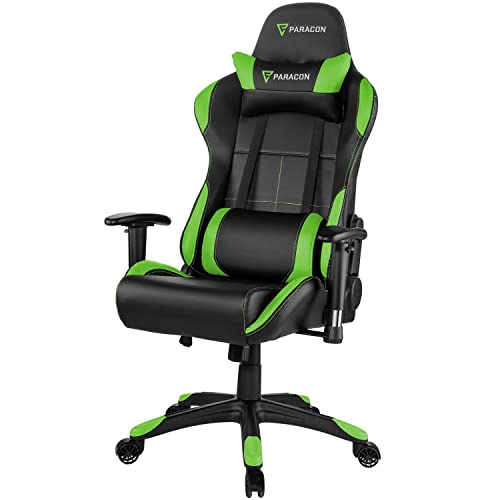 Paracon Rogue | Gaming Stuhl Bürostuhl Chefsessel Schreibtischstuhl Drehstuhl Racing Bequem Ergonomisch mit Verstellbare Gepolsterte Armlehnen, Nackenstützkissen, Rückenkissen | Grün von Paracon