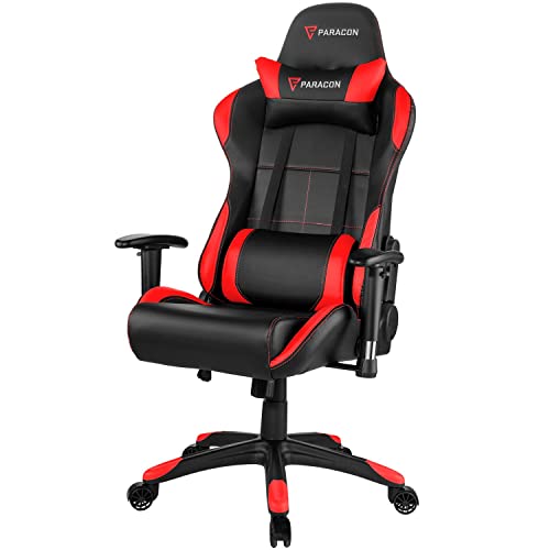 Paracon Rogue | Gaming Stuhl Bürostuhl Chefsessel Schreibtischstuhl Drehstuhl Racing Bequem Ergonomisch mit Verstellbare Gepolsterte Armlehnen, Nackenstützkissen, Rückenkissen | Rot von Paracon