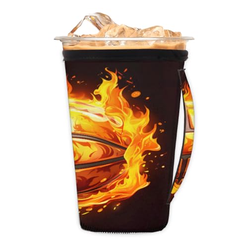 Neopren-Eiskaffee-Hülle, Cartoon-Basketball, Feuer, Kunstdruck, wiederverwendbare Teetassenhülse mit Griff, Kaltgetränkekühler, kompatible Dunkin-Becher für Eis- und Heißgetränke, M (680 - 794 ml) von Pardick