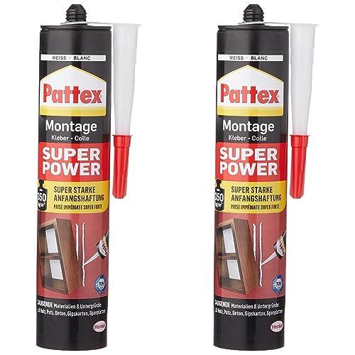 Pattex Montagekleber Super Power, Baukleber mit superstarker Anfangshaftung, Kraftkleber für saugende Materialien, Kleber für innen & außen, 1 x 370g (Packung mit 2) von Pattex