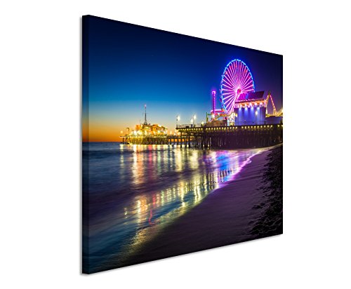 Paul Sinus Art Fotoleinwand 90x60cm Landschaftsfotografie – Pier bei Nacht, Santa Monica, Kalifornien, USA auf Leinwand Exklusives Wandbild Moderne Fotografie für ihre Wand in vielen Größen von Paul Sinus Art