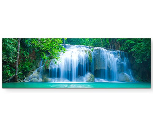 Paul Sinus Art Leinwandbilder | Bilder Leinwand 120x40cm exotischer Wasserfall in Erawan – Thailand von Paul Sinus Art