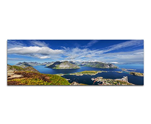 Paul Sinus Art Panoramabild auf Leinwand und Keilrahmen 120x40cm Norwegen Lofoten Berge Wasser Wolkenschleier von Paul Sinus Art