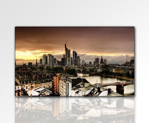 TOP Bilder! Wandbild xxl günstig & modern (frankfurt_120x70cm) Deko Bilder fertig gerahmt mit Keilrahmen groß im Bilder Shop. Ausführung schöner Kunstdruck auf echter Leinwand als Wandbild mit Rahmen. Preiswerter als Ölbild Gemälde Foto Poster Plakat mit Bilderrahmen. Picture Style (Stadt Frankfurt Skyline Fluß Main Brücken). 100% Made in Germany . von Paul Sinus Art