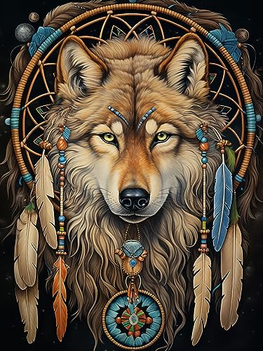 Pavemlo 5D Diamond Painting Kits Zubehör Traumfänger Wolf, DIY Diamant Stickerei Malerei Kits Tier, Full Drill Set Strass Stickerei Bilder DIY Diamant Malerei für House Wall Dekoration 30X40cm von Pavemlo