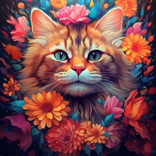 Pavemlo Diamond Painting Set Zubehör Bunte Katze, DIY 5D Diamant Stickerei Malerei Kits Blumen, Full Drill Kristall Set Strass Stickerei Bilder DIY Diamant Malerei für House Wall Dekoration 30X30 cm von Pavemlo