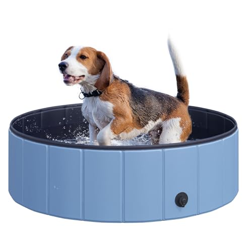 PawHut Hundepool Planschbecken Schwimmbecken Schwimmbad Hundebad, PVC+Holz, Blau/Rot, Φ100x30cm (Hellblau+Dunkelblau) von PawHut