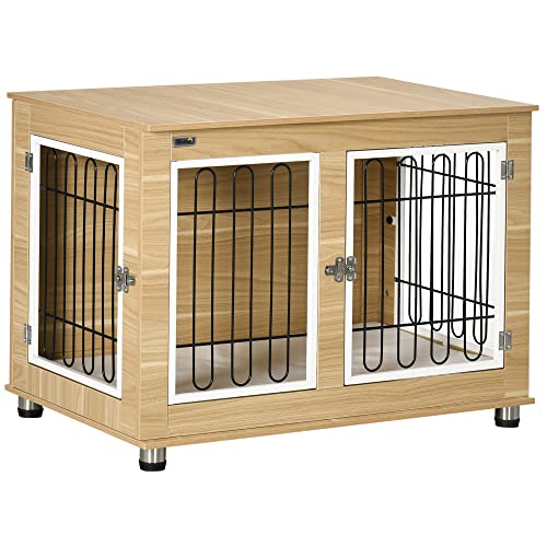 PawHut Hundekäfig, Hundehütte, Haustierkäfig mit Kissen, 2 Verriegelungen für Mittelegroße Hunde, Hundebox mit Doppeltüren, Hundehaus, Eiche, 90 x 58 x 65 cm von PawHut