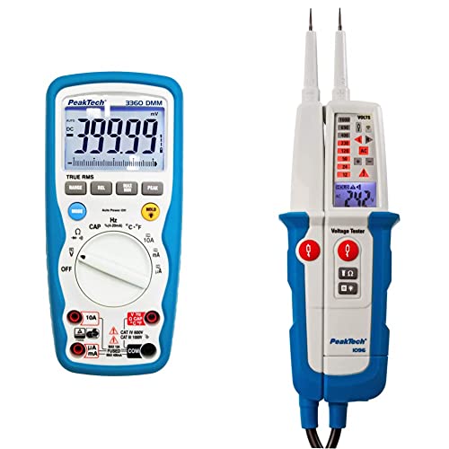 PeakTech P 3360 3360 – True RMS Digital Multimeter & 1096 – 2-poliger AC/DC Spannungsprüfer mit Dual Anzeige & FI-Test, Staub- & Wasser Schutz (IP64), LCD-Display + Taschenlampe, 6V - 1000V von PeakTech