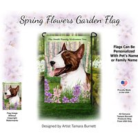 Bull Terrier Brindle & White Spring Design | Kann Mit Haustier Oder Familienname Personalisieren Gartenflagge von PegasusPetsCo