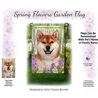 Shiba Inu Red & White Spring Design | Kann Mit Haustier Oder Familiennamen Personalisiert Werden Gartenflagge von PegasusPetsCo