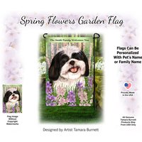 Shih Tzu Black & White Spring Design | Kann Mit Haustier Oder Familiennamen Personalisieren Gartenflagge von PegasusPetsCo