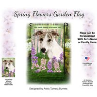 Whippet Fawn Brindle & White Spring Design | Kann Mit Haustier Oder Familienname Personalisiert Werden Gartenflagge von PegasusPetsCo