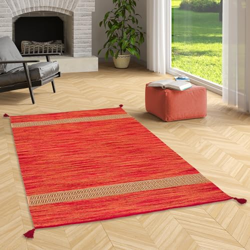 Natur Teppich Bauwolle Kelim Toskana Terrakotta | Naturteppich Handgewebt Pflegeleicht für Küche Flur Wohnzimmer von Pergamon