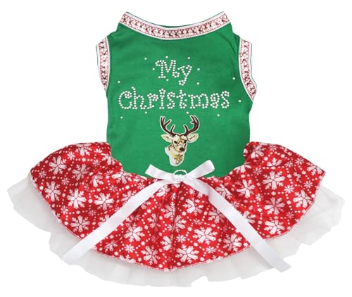 Petitebelle Rhinestones My Christmas Deer Welpenkleid für Welpen, Grün/Schneeflocken, Größe L von Petitebelle