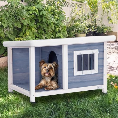 Petsfit Hundehütte aus Massivholz, Hundehaus mit Balkon Wetterfeste Hundehütte mit Asphalt Dach Katzenhaus Hundehaus Outdoor Winterfest mit Terrasse & Fenster, 85 cm x 62 cm x 58 cm, Hellgrau von Petsfit