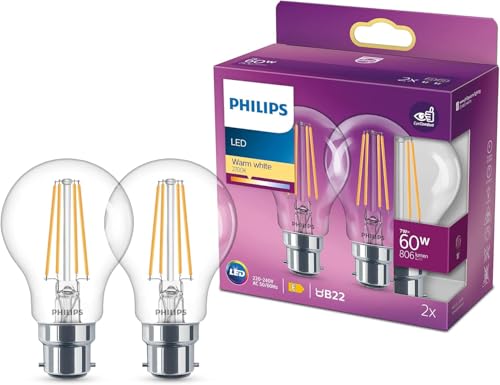Philips LED Classic B22 Lampe, 60 W, A60, Tropfenform, klar, warmweiß, 2er Pack Philips LED Classic B22 Lampe, 60 W, A60, Tropfenform, klar, warmweiß, 2er Pack von Philips Lighting