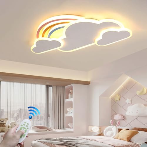 Kinderzimmerlampe LED Dimmbar Fernbedienung Deckenleuchte Mädchen Junge Schlafzimmer Deckenlamp Moderne Regenbogen Wolke Designer Pendelleuchte Wohnzimmer Esszimmer Bad Kronleuchter (42CM/37W, Weiß) von Phtlampes