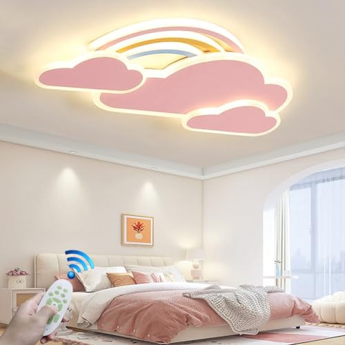 Kinderzimmerlampe LED Dimmbar Fernbedienung Deckenleuchte Mädchen Junge Schlafzimmer Deckenlamp Moderne Regenbogen Wolke Designer Pendelleuchte Wohnzimmer Esszimmer Bad Kronleuchter (42CM/37W, Rosa) von Phtlampes